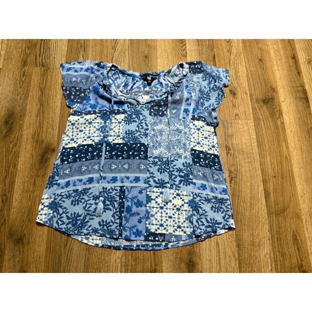 Frye Shirts Womens Size S Blue Blouse Flutter Sleeve Tassel Tie Patchwork Top
